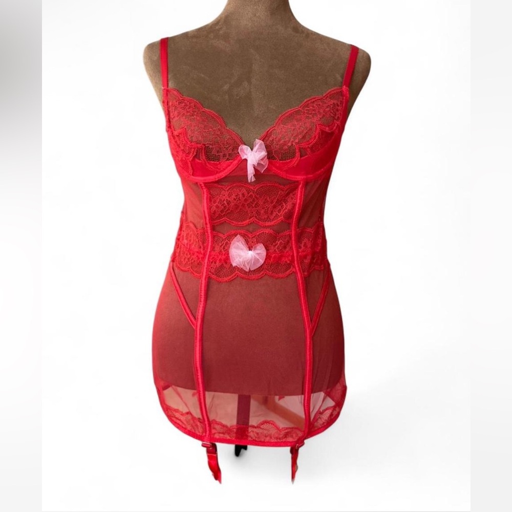 Victoria’s Secret red lace corset adjustable straps garter slip lingerie 34B NWT